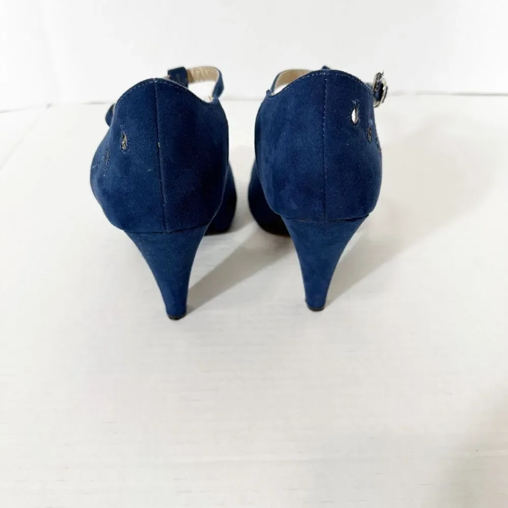 ModCloth Women’s T Strap‎ Blue Faux Suede Vintage Inspired Retro Pumps Size 9 W